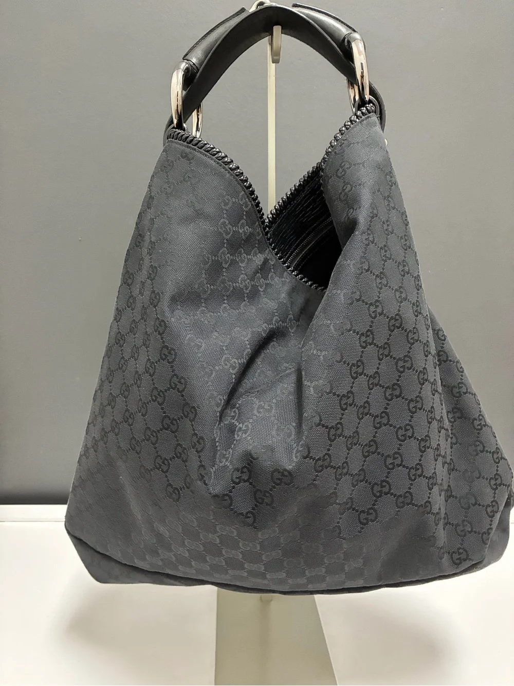 Authentic Gucci Black Monogram Jacquard Horsebit Large Hobo Bag